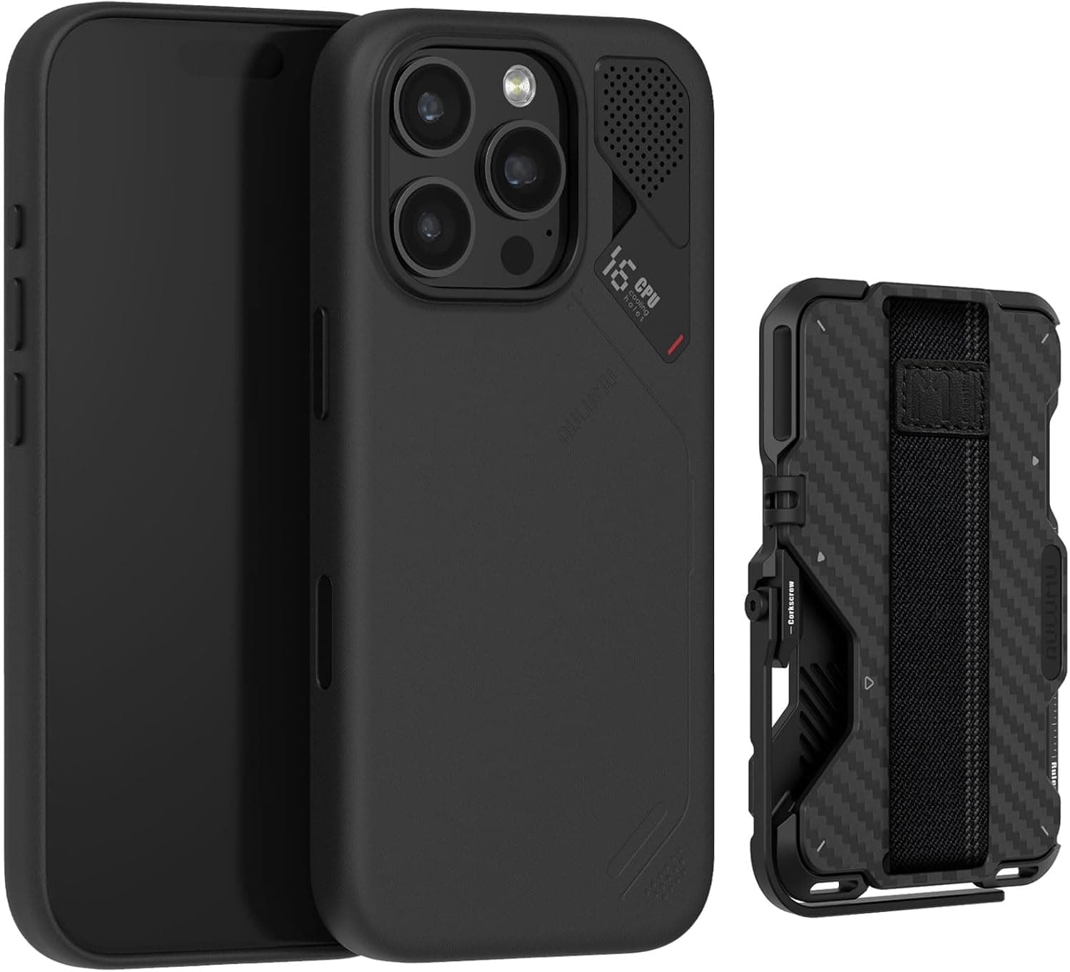 Aulumu A16 Vegan Leather [Touch Black] + G03 Carbon Fibre Magnetic Wallet Card Holder [Black] for iPhone 16 Pro | Comforts Magnetic Card Holder Kit