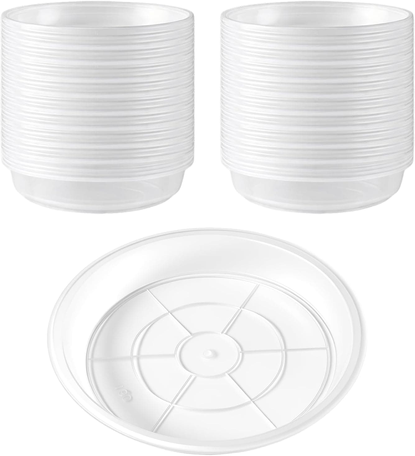 ondware Plant Saucers, 20 Pack 6 Inch Plastic Drip Trays, Clear | Reusable plastic, raised edges catch water and soil, for indoor pots, protects windowsills, tabletops and floors