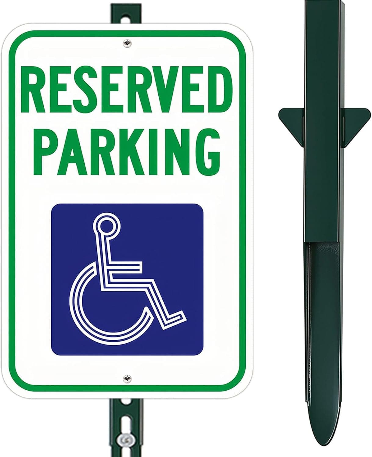 6' Tall DIY Reserved Parking Sign with Aluminum Stake - Reflective 12x18 Inch Aluminum Handicap Sign for Accessible Parking, Easy Install, Green Support Pole