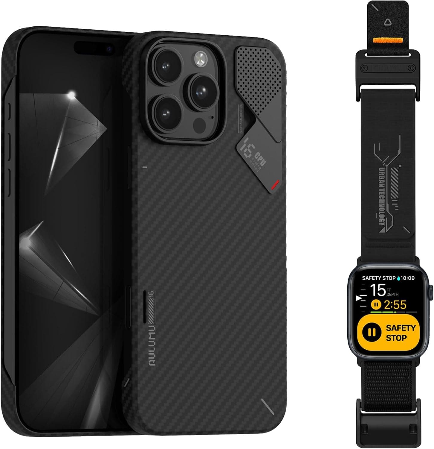 Aulumu A16 Aramid Fiber for iPhone 16 Pro Max + A11 Velvet Nylon Braid for Apple Watch [Cool Black] | Smart Wearable Kit