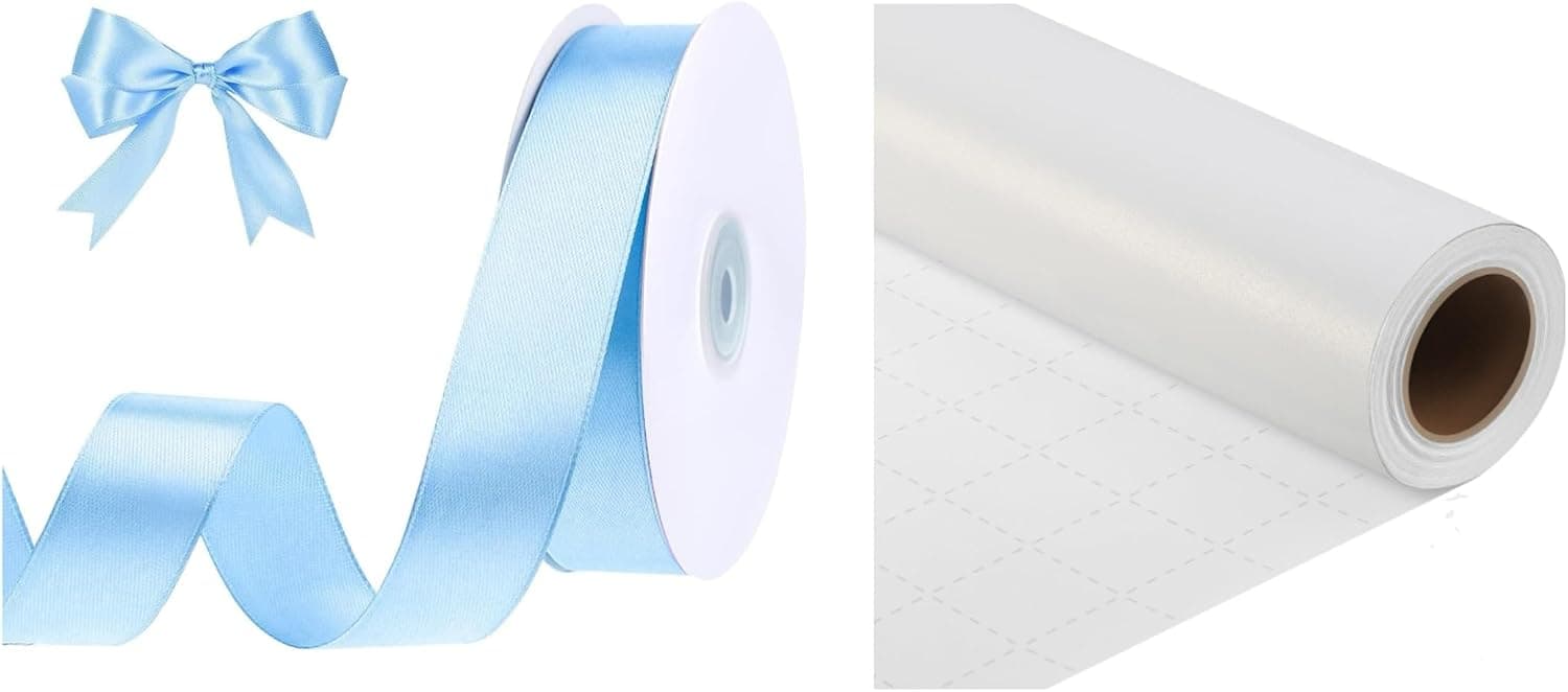 woric 1 Inch 50 Yards Light Blue Satin Ribbon with White Wrapping Paper Roll for Mothers Day Bridal Shower Birthday Baby Shower