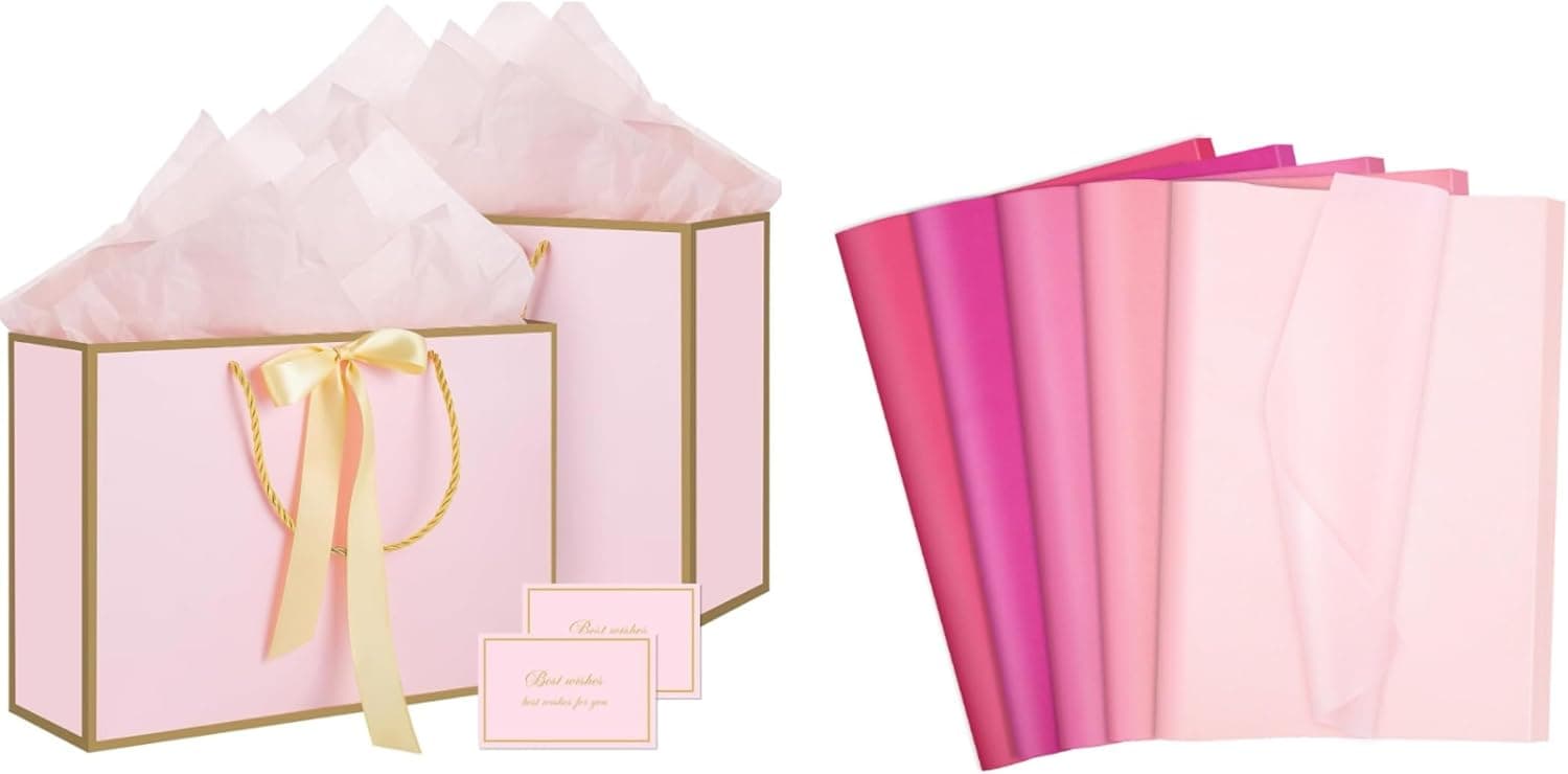 woric 14.5" Pink Gift Bag with 124 Sheets Pink Tissue Paper Bulk for Moms Grandmas Wife