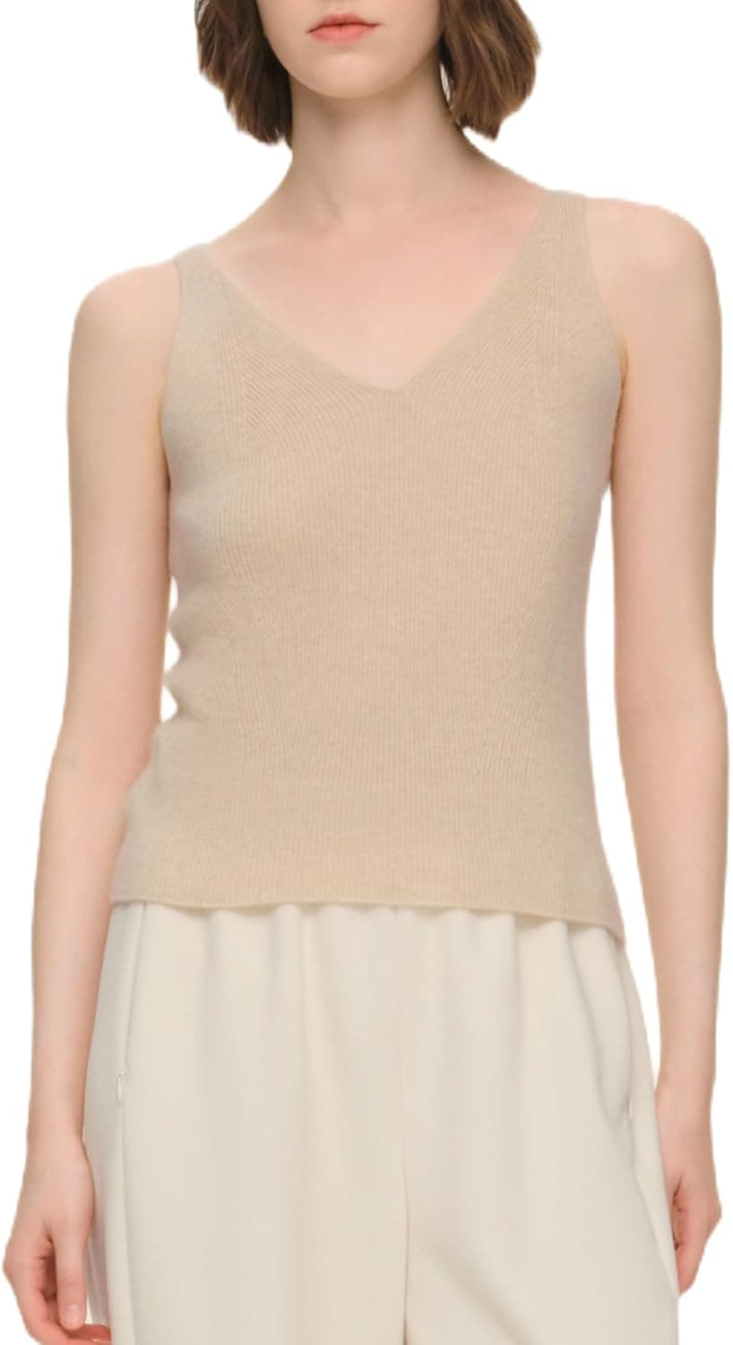 GOELIA Women's 100% Cashmere Seamless Tank Top V Neck Ribbed Knit Sleeveless Basic Camisole Tops Summer Tank Shirt