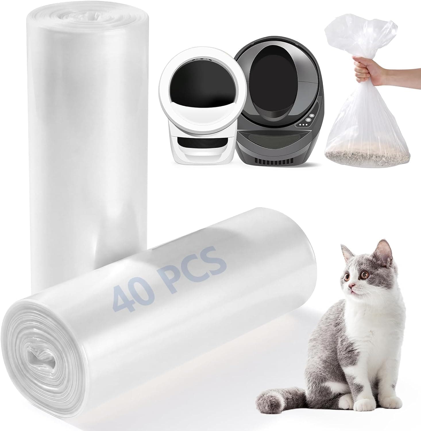 40Pack Cat Litter Box Waste Bags Compatible with Robot 4/5/3, Automatic Litter Box Liners Bags, Transparent Replacement Cat Litter Bags, 9-11 Gallon Capacity
