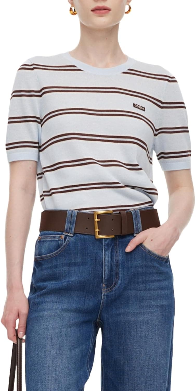 GOELIA Stripe Knit Polo Shirt Viscose Linen Blend Johnny Collar Retro Top for Spring Summer