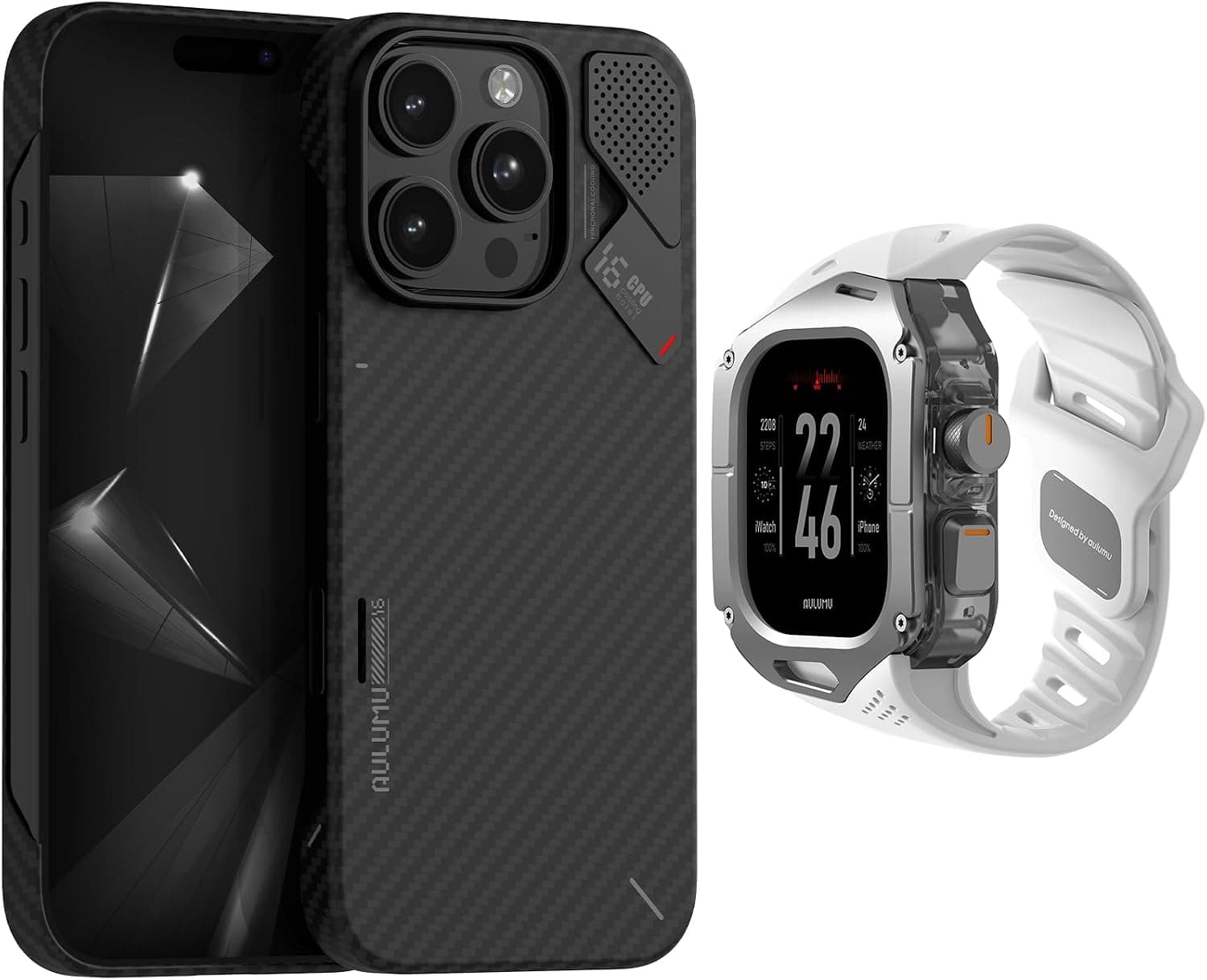 Aulumu A16 Aramid Fiber for iPhone 16 Pro +A01 Titanium Case with Apple Watch Ultra Band 49MM[wit] Luxury Set