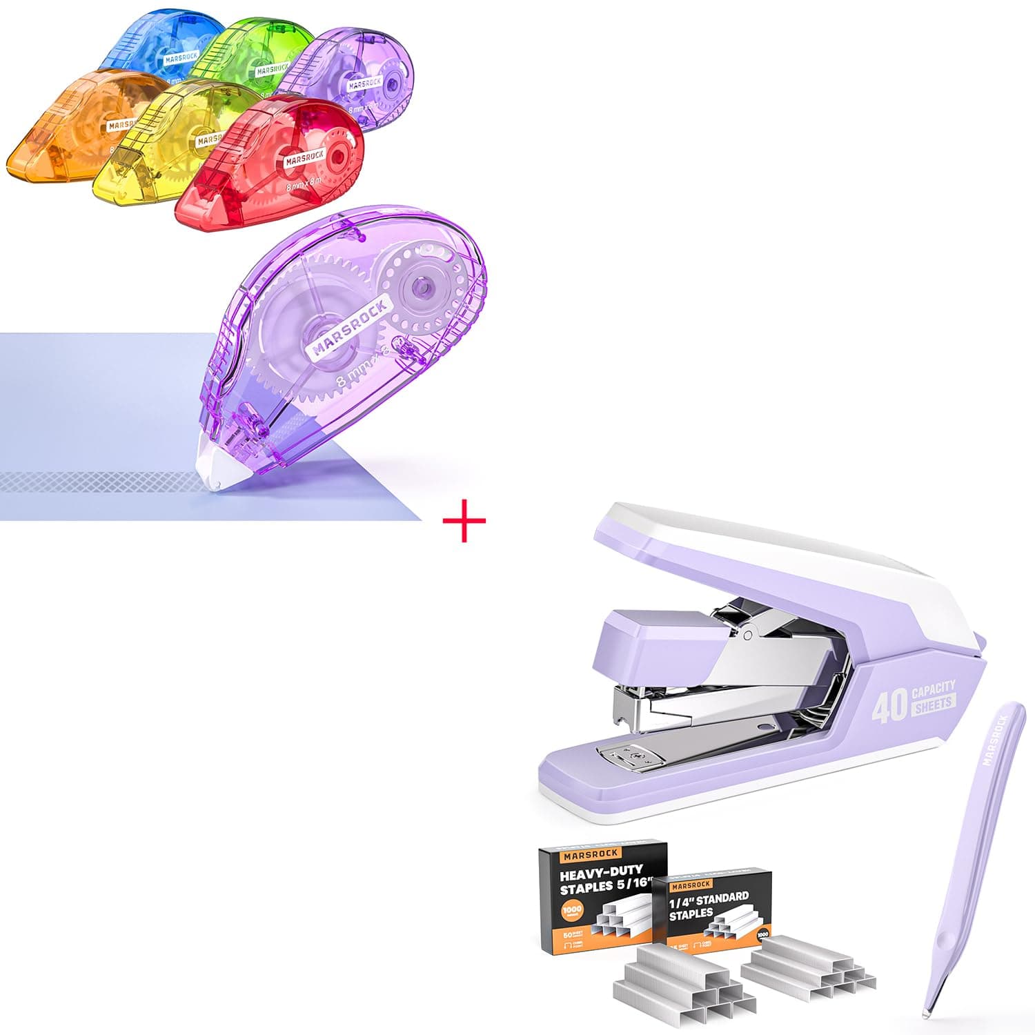 Marsrock Double-Sided Adhesive Dots Roller + Effortless Stapler for Desk with 40-50 Sheet Capacity, 2000 Staples