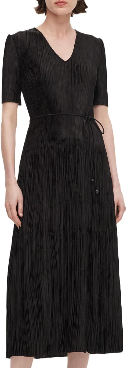 GOELIA Maxi Dress for Women Satin Jacquard Pleated One Size Fits All V Neck Self Tie Belt Beaded Waist Elegant Summer Party Formal Dresses Black