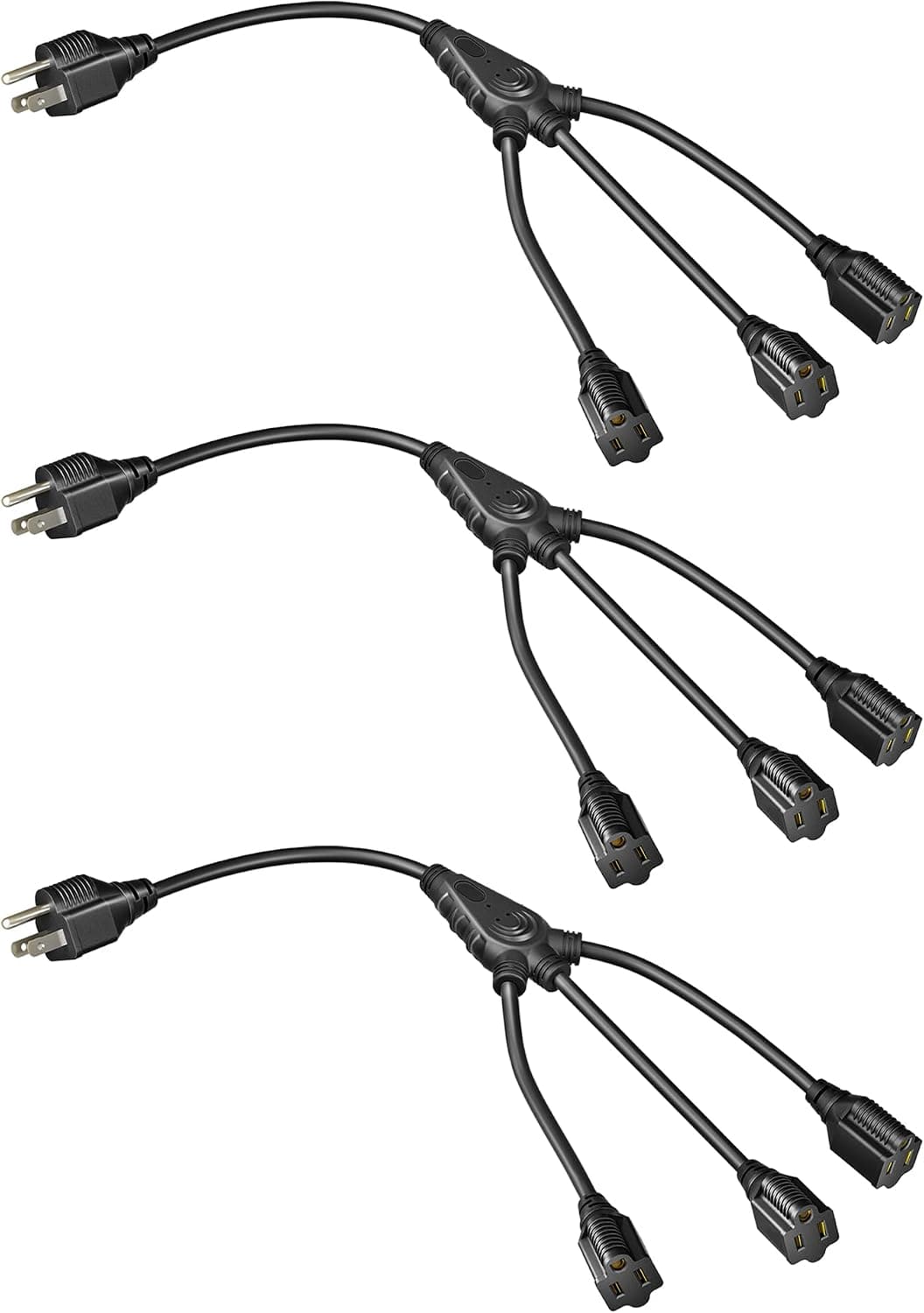 DEWENWILS Extension Cord Splitter 1 to 3, 18 Inch 16/3 Heavy Duty SJTW Wire, 3 Prong Power Splitter for Halloween Decor Lights, ETL Listed, Black, Pack of 3