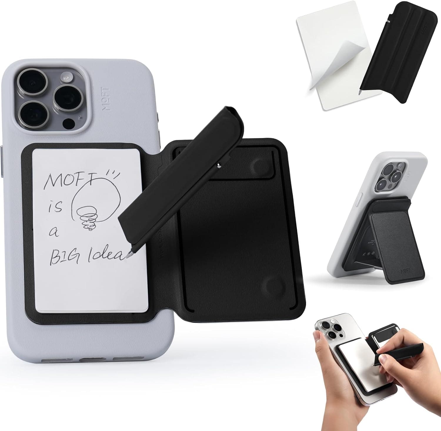 MOFT Action Inspiration MagSafe Phone Stand, Magnetic Notepad Stand Compatible with iPhone 16 Series and Other Phones with Two Types of Notepad and Magnetic Invisible Pen, Jet Black + Jet Black
