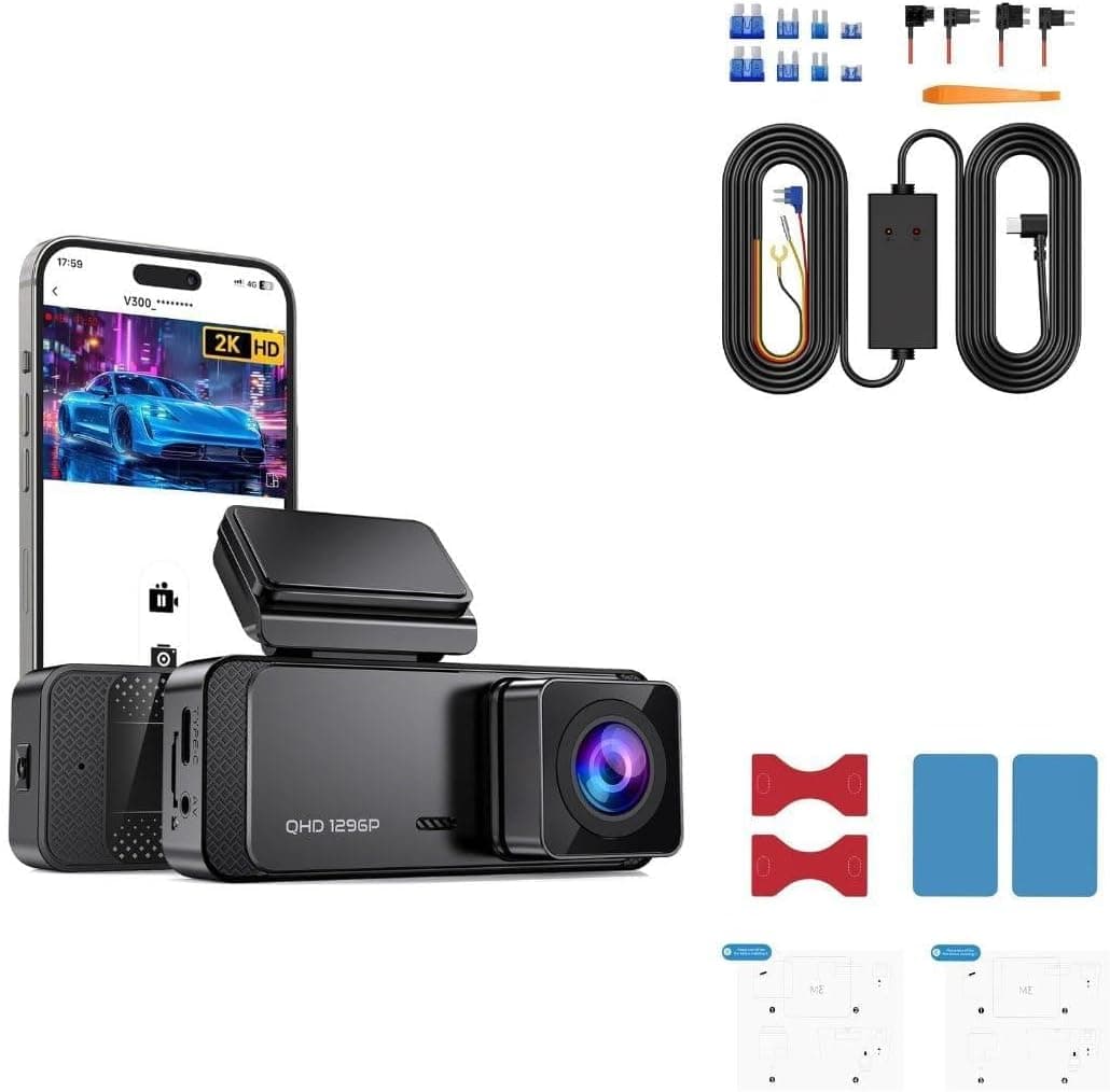 Dash Cam 1296P Front Dashcam, V300 WiFi Dash Camera for Cars with App, Night Vision with 3M Double-Sided Adhesive Pad & Electrostatic Sticker Set with 11.5ft Type-C Dash Cam Hardwire Kit (V5F)