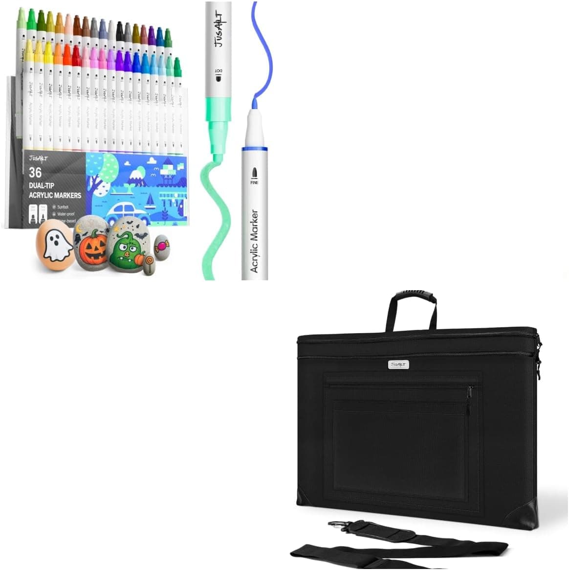 JusArt 36 Colors Dual Tip Acrylic Markers + 24×36 Art Portfolio Case