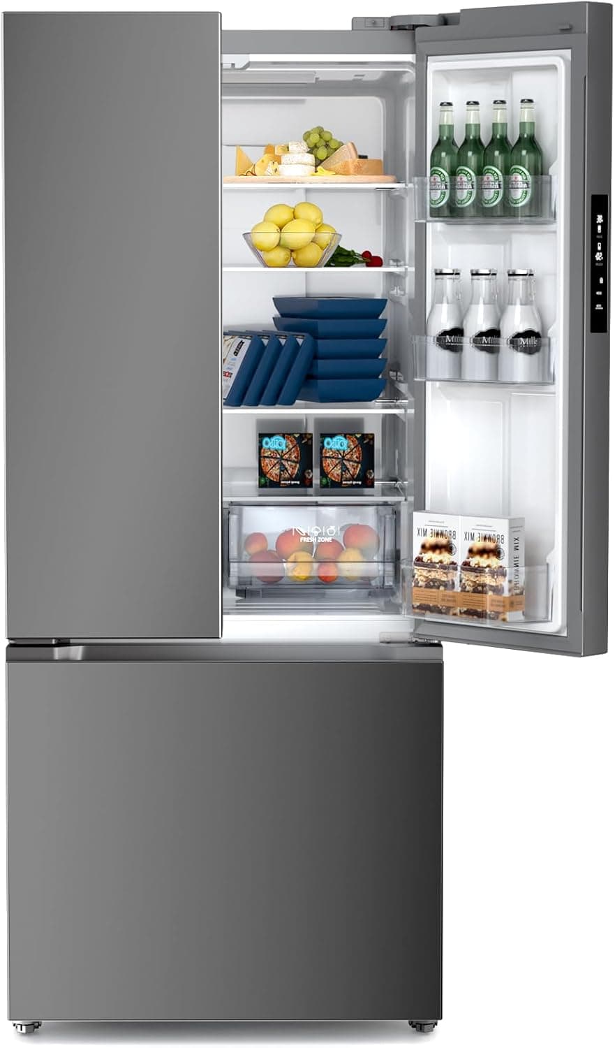 Antarctic Star 17.5 Cu Ft French Door Refrigerator, Bottom Freezer with Built-In Automatic Ice Maker, Fast Cooling & Multi-Air Flow, Inverter Compressor, Stainless Steel VCM, LED Touch Display, Grey