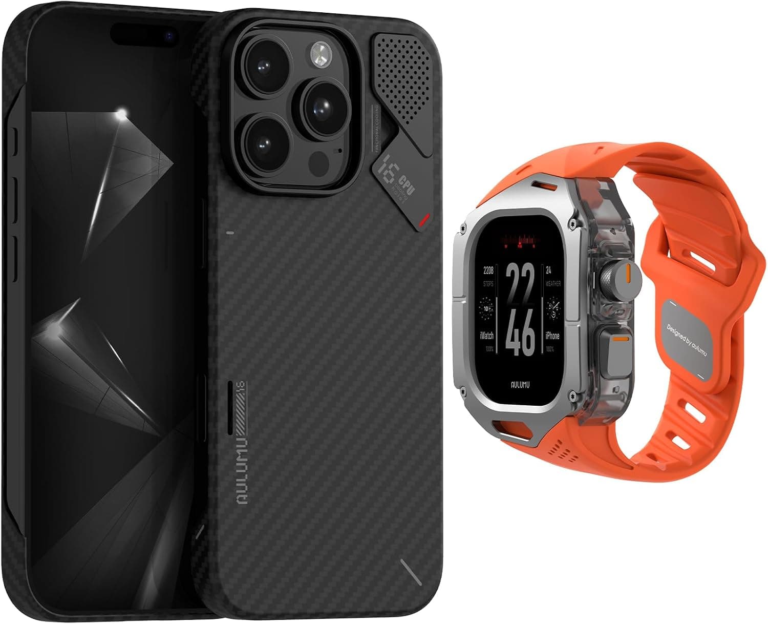 Aulumu A16 Aramid Fiber for iPhone 16 Pro +A01 Titanium Case with Apple Watch Ultra Band 49MM[Orange] Luxury Set