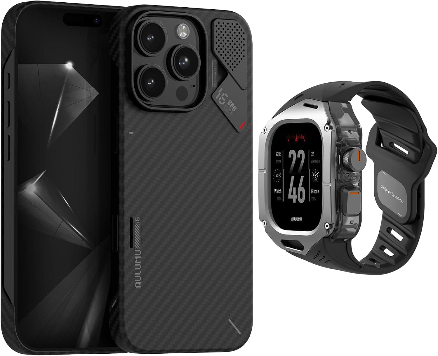 Aulumu A16 Aramid Fiber for iPhone 16 Pro +A01 Titanium Case with Apple Watch Ultra Band 49MM[Black] Luxury Set
