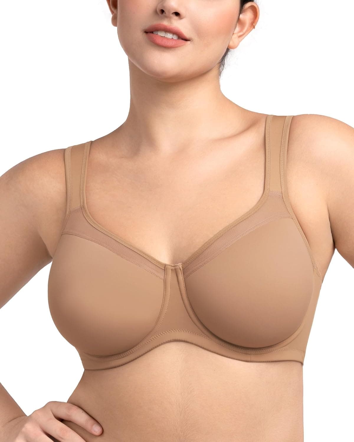 HSIA Bras for Women Minimizer Full Coverage Plus Size Tshirt Convertible Bra Unlined Underwire Seamless Cups with Mesh Dark Beige