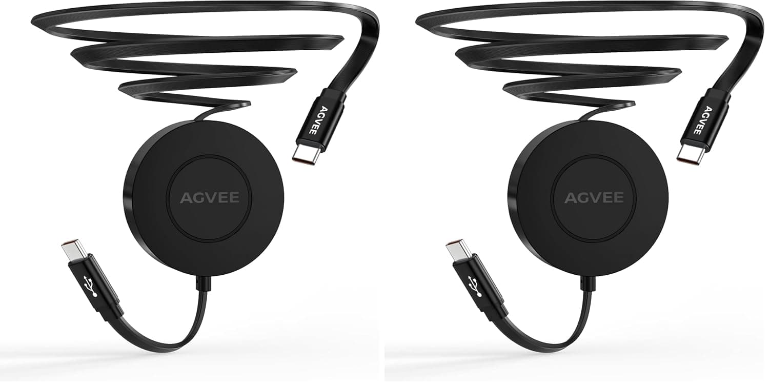AGVEE 3ft Fixed / 2.3ft Extend USB-C to C Charger Cable Mountable One Way Retractable 60W Fast Charging Cord, Pocket-Sized for iPhone 16 15, Samsung, Android, Desk Organizer, Black (Pack of 2)