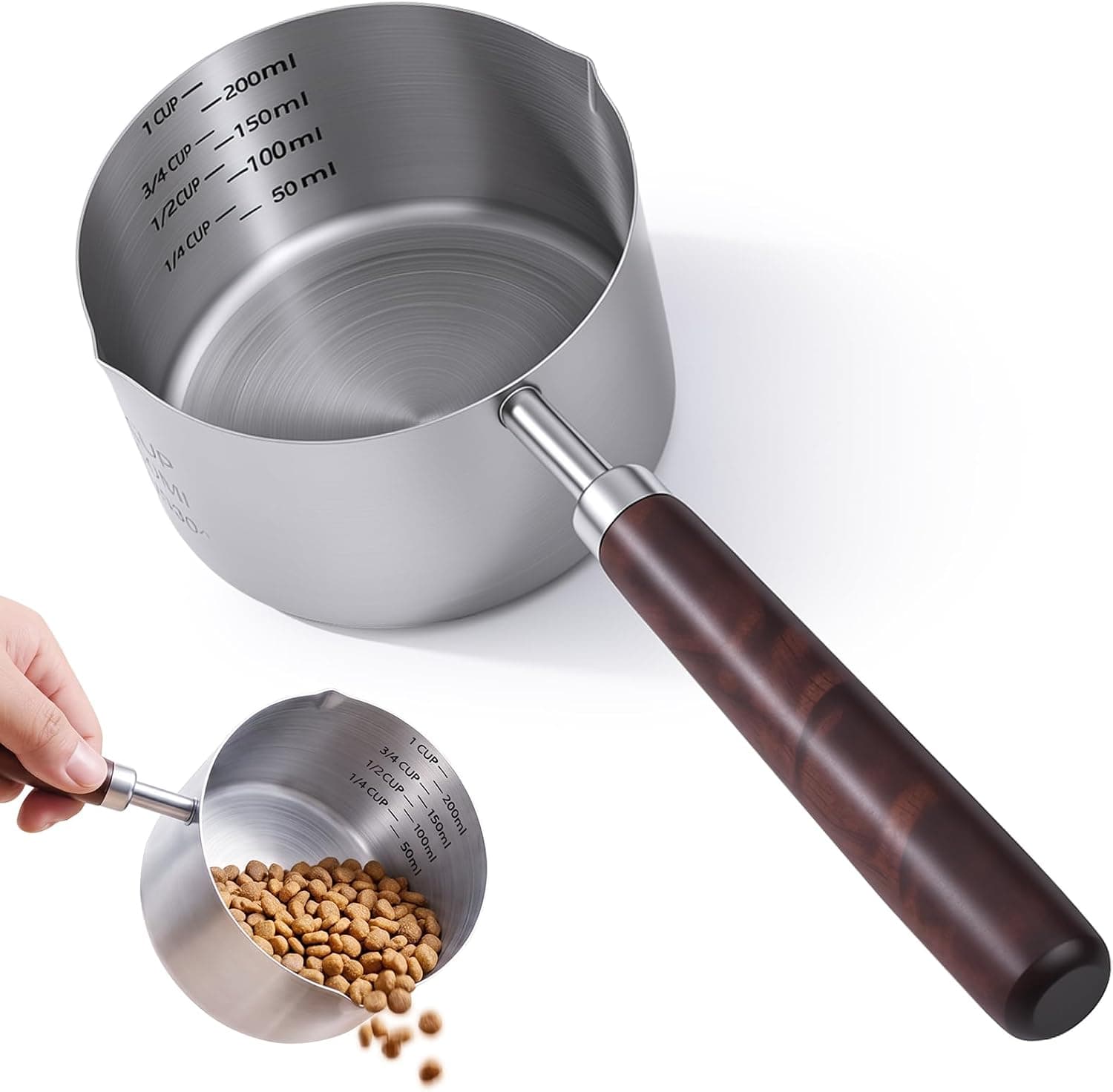 Ondware Dog Cat Food Scoop Measuring Cup, 1 Cup 304 Stainless Steel Pet Food Scoop with Precision Scale Measurements, Wooden Handle, Portion Control for Pets, Dishwasher Safe