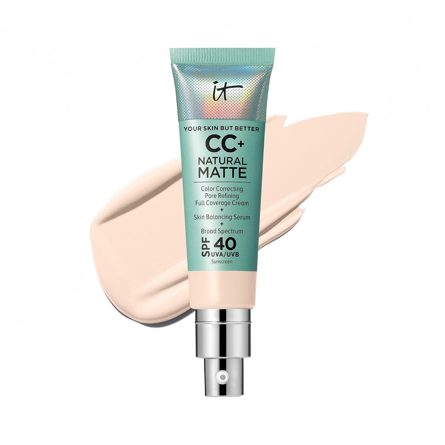 IT Cosmetics CC+ Cream Natural Matte - Poreless Full Coverage Foundation With SPF 40, 16HR Shine Control, Color-Corrector, Skin-Balancing Serum, Sweat-proof, Noncomedogenic for Oily Skin - 1.08 fl oz