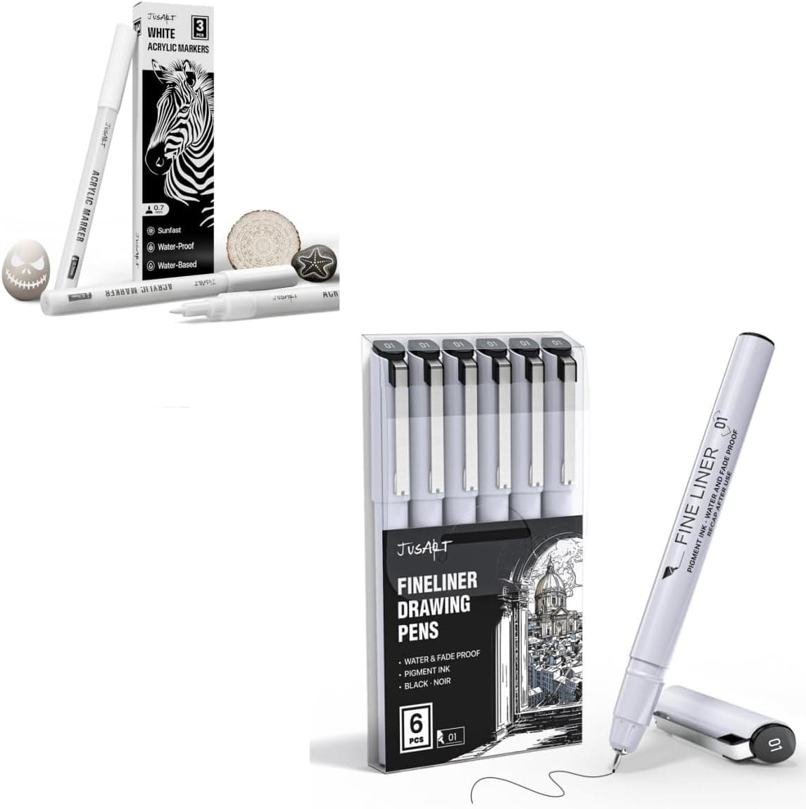 JusArt 3 Pack White Permanent Markers Fineliner Pens, 6 Pcs