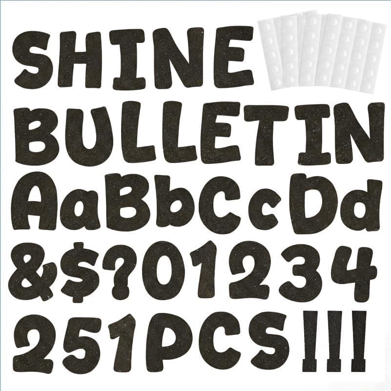 Thboxes 251 Pcs Bulletin Board Letters, Glitter Letters for Bulletin Board with 300 Pcs Adhesive Dot, Number Alphabet Punctuation Symbol Poster Letter for Classroom Displays DIY Decor, 4'' (Black)