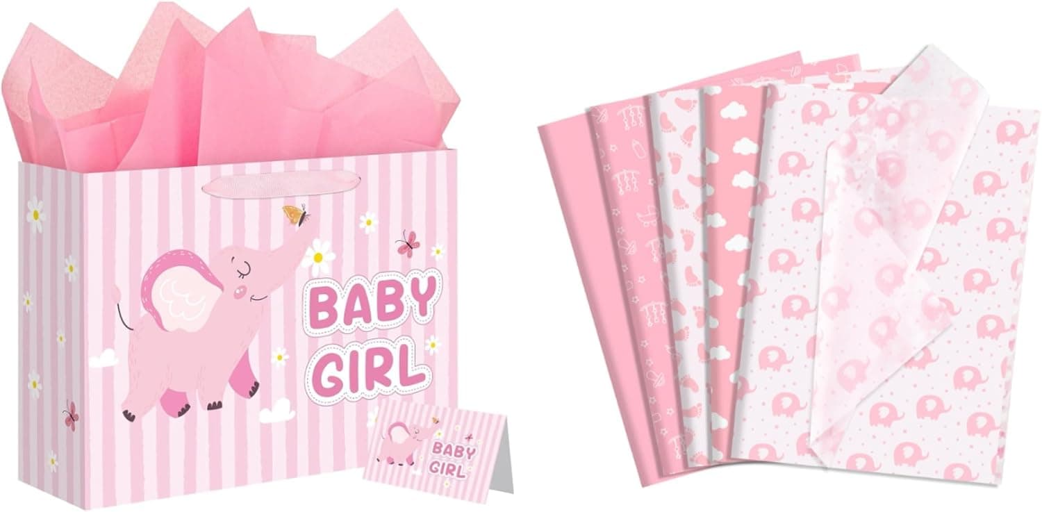 woric Baby Shower Girls Sets 14.5" Baby Gift Bag with 122 Sheets Baby Tissue Paper Bulk for Gift Wrapping DIY Crafts Newborn Girls Birthday Party Decor