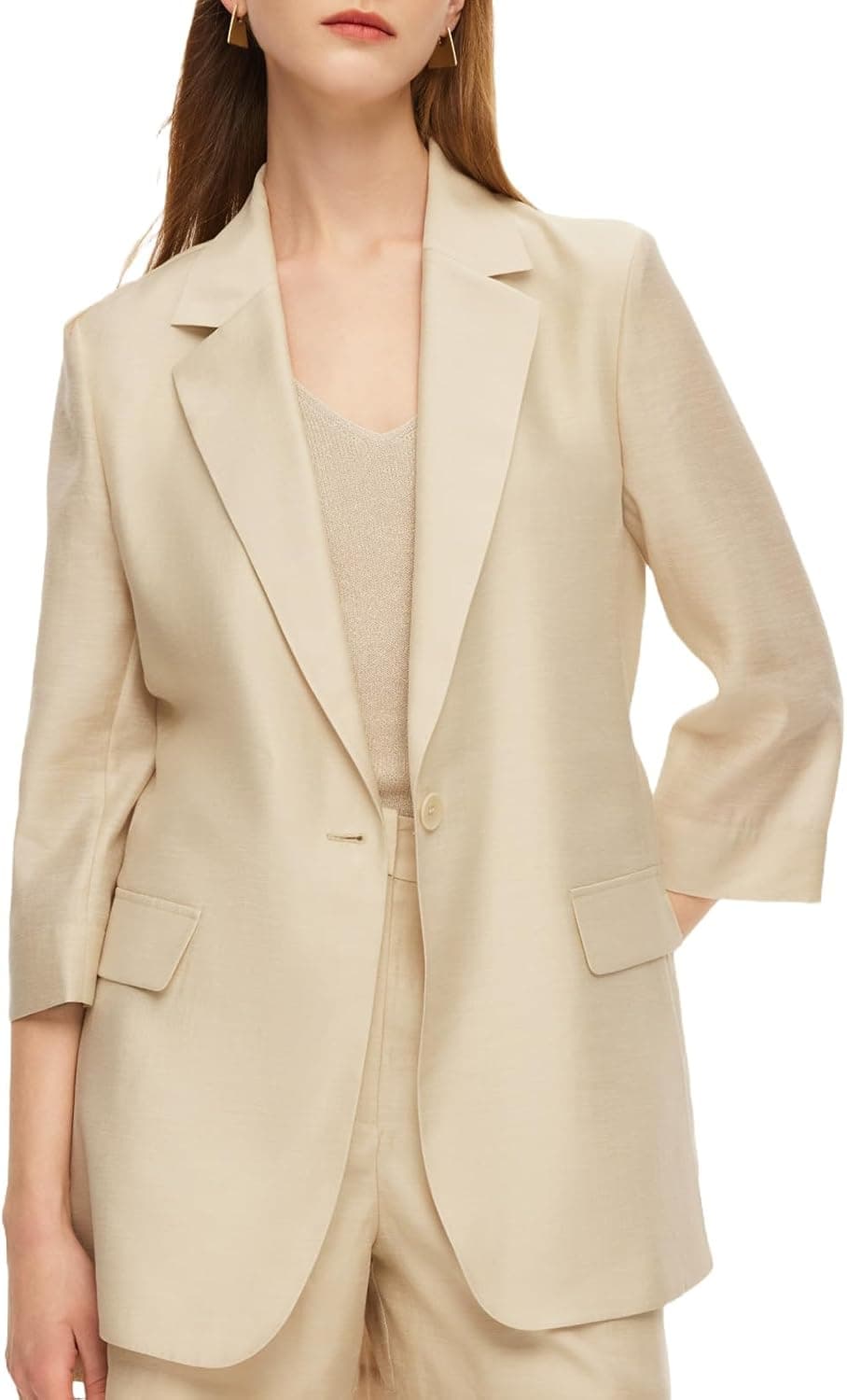 GOELIA Blazers for Women Business Casual Lyocell Acetate Linen Blend Women 3/4 Sleeve Button Blazers for Woman Trendy Dressy