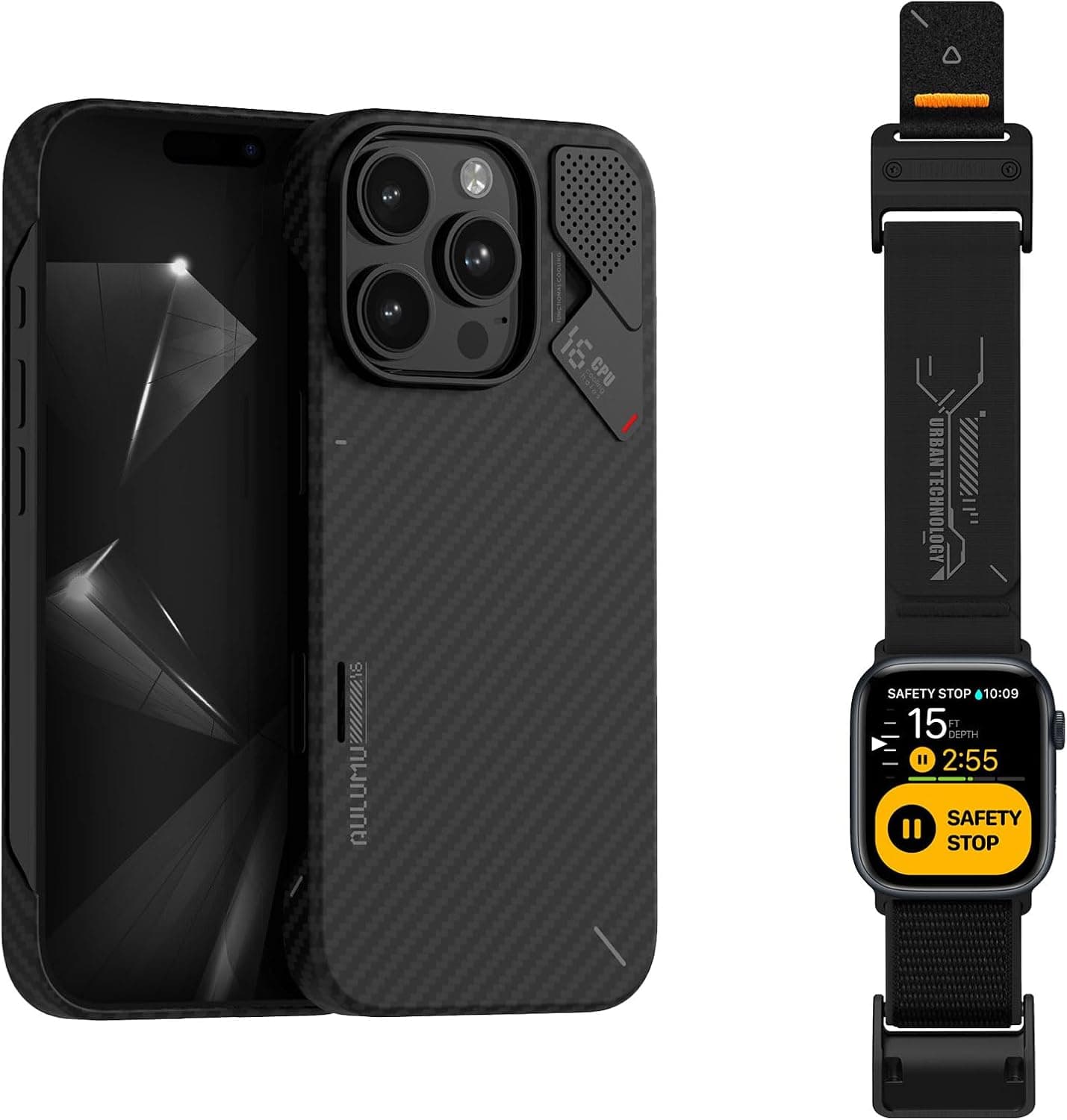 Aulumu A16 Aramid Fiber for iPhone 16 Pro + A11 Velvet Nylon Braid for Apple Watch [Cool Black] | Smart Wearable Kit