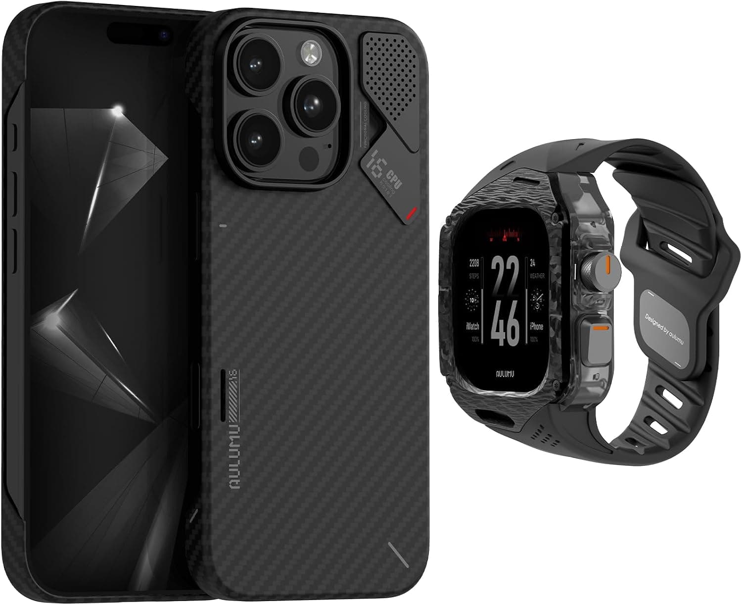Aulumu A16 Aramid Fiber for iPhone 16 Pro + A01 Carbon Fibre Case with Apple Watch Ultra Band 49MM[Black] Luxury Set