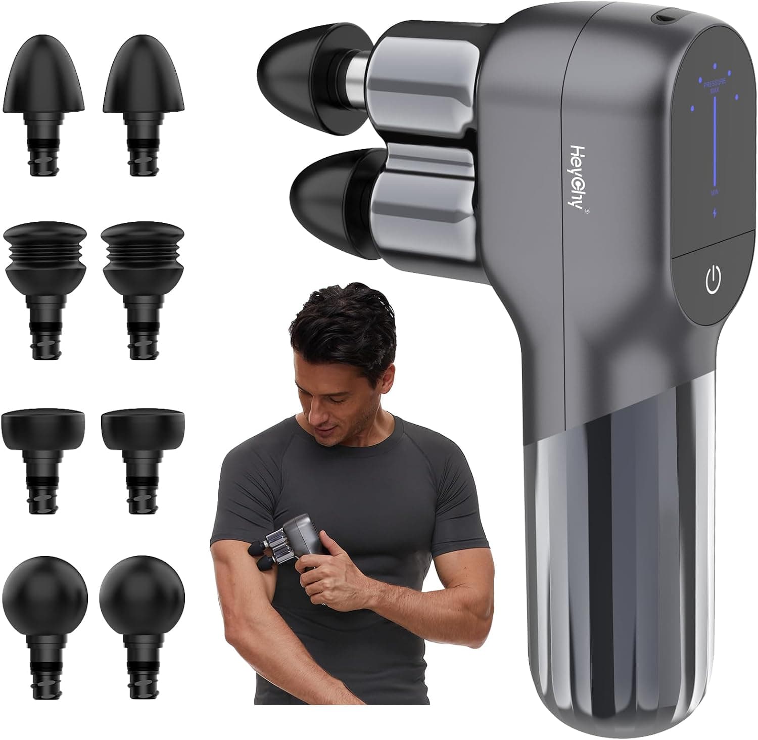HEYCHY Mini Massage Gun - Deep Tissue Percussion Massager with Dual Heads, 5 Speed Levels & 4 Attachments, Portable Handheld Muscle Recovery Gun for Athletes, Travel & Pain Relief