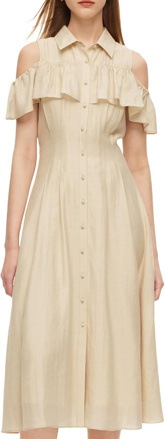 GOELIA Dresses for Women Tencel Acetate Linen Blend Cold Shoulder Maxi Dress A Line Cinched Waist Button Side Pockets Elegant