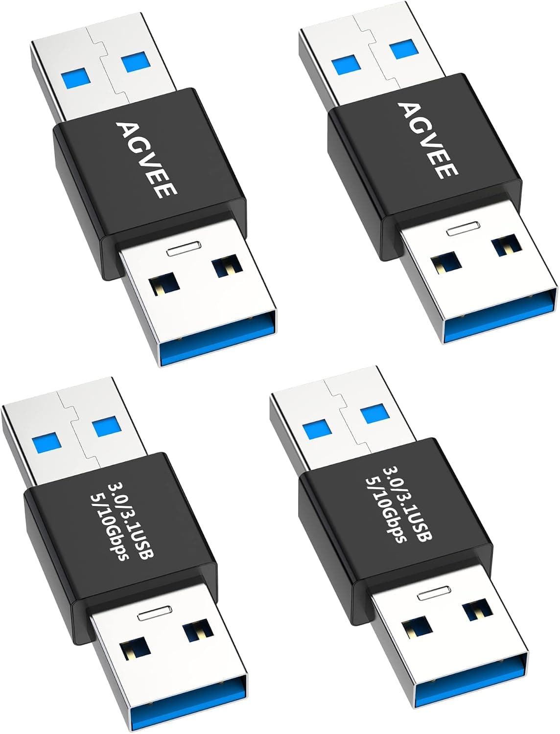 AGVEE 4 Pack USB-A 3.0 Male to USB-A Male Bidirectional Adapter, USB 3.2 Gen 1 Coupler Extender Extension Converter Connector, Black