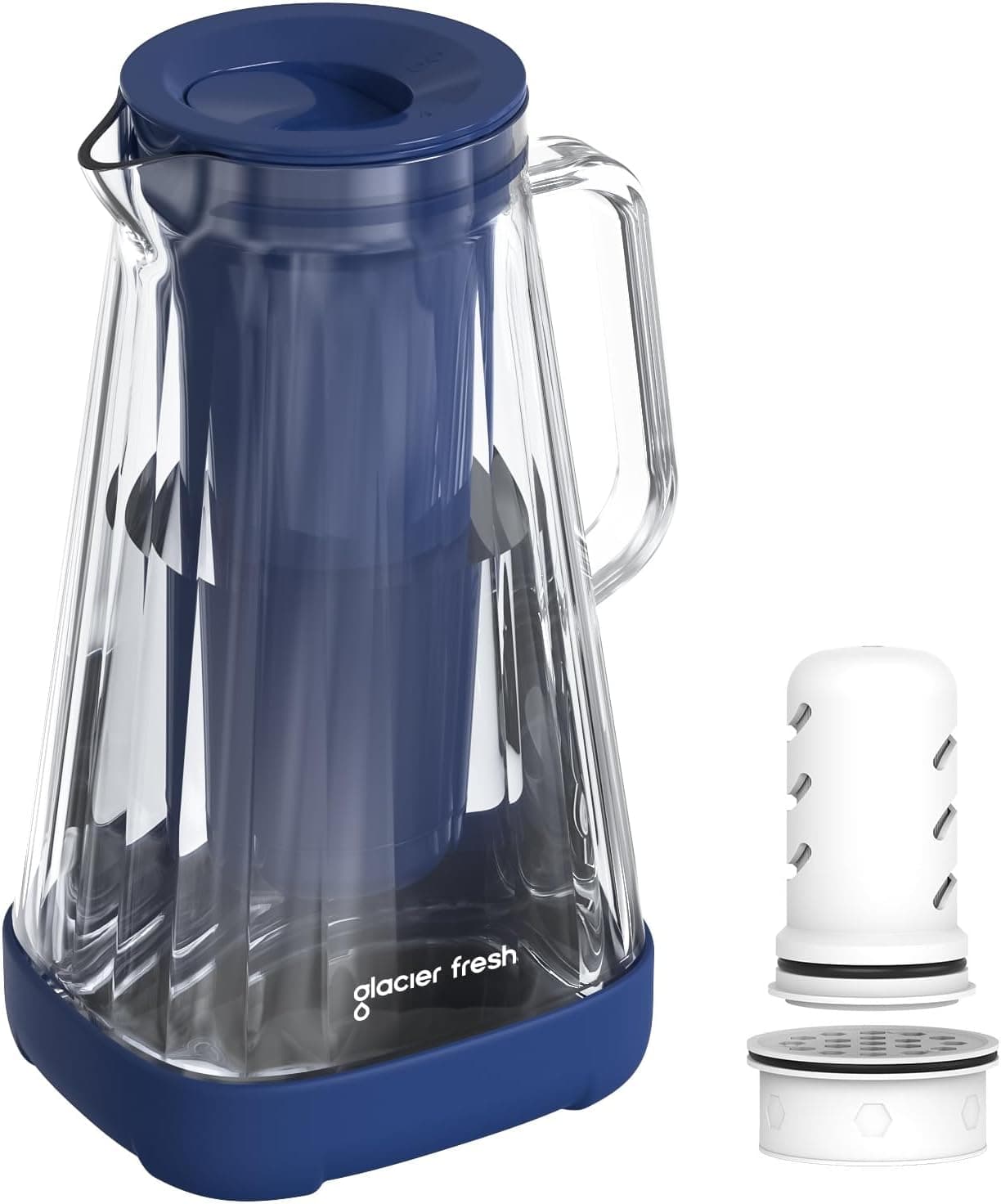 GLACIER FRESH 10 Cup Purela Glass Water Pitcher with 1 Ultrafiltration Membrane and Activated Carbon Filter, Reduces 99% Chlorine, PFOA&PFOS, Coliforms, Blue