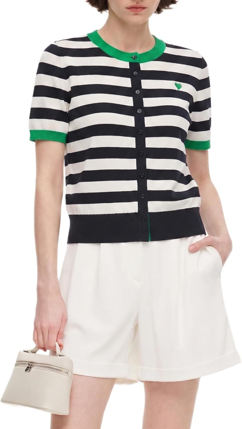 GOELIA Women Striped Short Sleeve Cardigan Crew Neck Button Front Knit Top for Office Casual Wedding Guest Garden Party