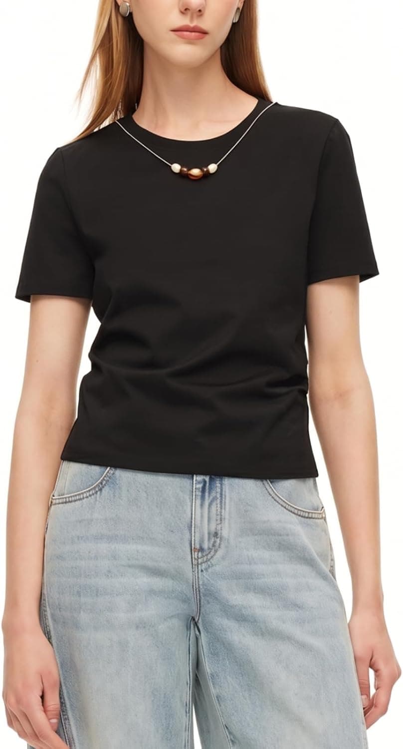 GOELIA 100% Pure Cotton T-Shirt for Women Summer Short Sleeve Crewneck Chic Polka Dots Printed Casual Tops
