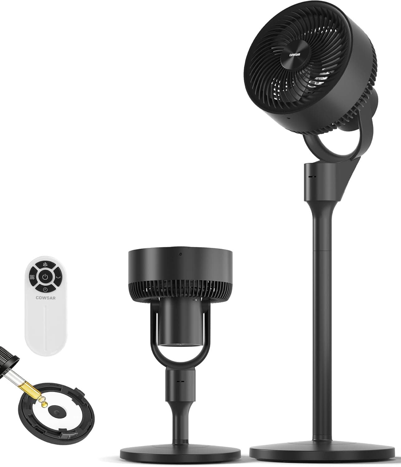 COWSAR Pedestal Fan for Bedroom, 80° Oscillation Standing Fan with Remote, Quiet Floor Fan for Room, Air Circulator Fan with 3 Speeds, 6H Timer, 2 Heights, 90° Vertical, Aroma Box, Black