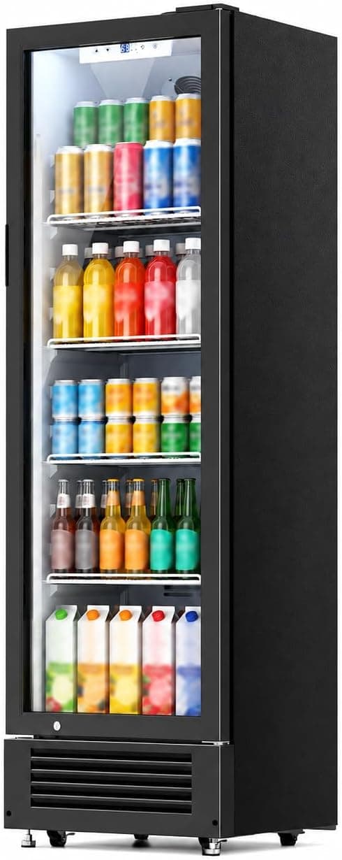 Kismile 9.1 Cu.Ft Large Commercial Refrigerator, Beverage Refrigerator with Wheels, Lock & Key, Adjustable Shelves, Double-Tempered Glass Drink Fridge for Bar, Restaurant, Home or Outdoor
