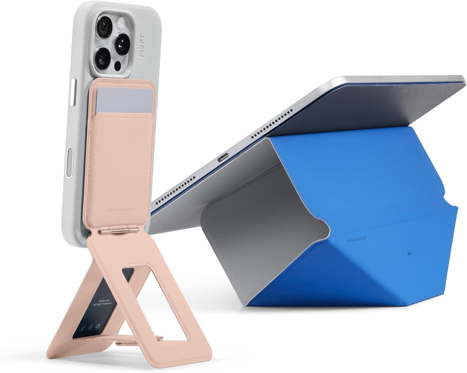MOFT Dynamic Folio Case for iPad Air 11 Cement x Sapphire & Phone Tripod Stand, MagSafe Wallet Tripod Stand, NFC-Supported Phone Wallet Peach Pink