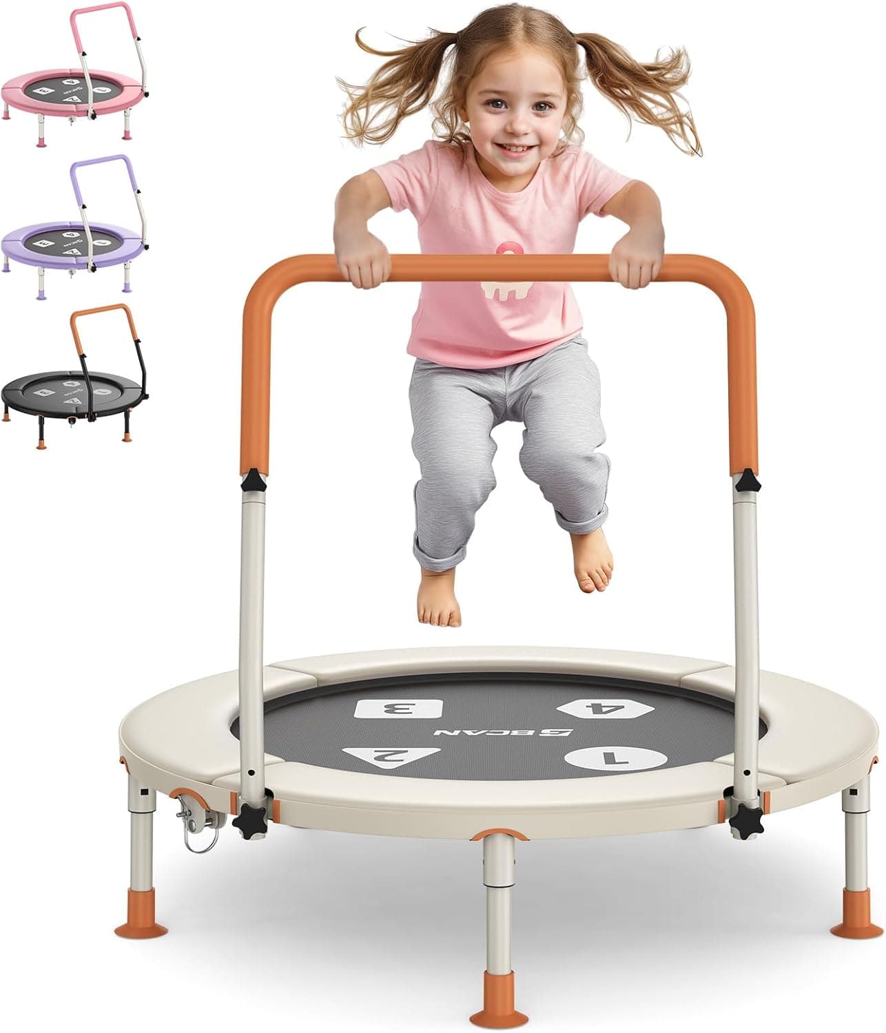 BCAN BT1 36'' Toddler Trampoline, ASTM Certified-Foldable Mini Trampolines for Kids Ages 1-6, Adjustable Handle, Safety Pad & Foldable Legs, Baby Trampoline Indoor/Garden, Gift for Boy and Girl