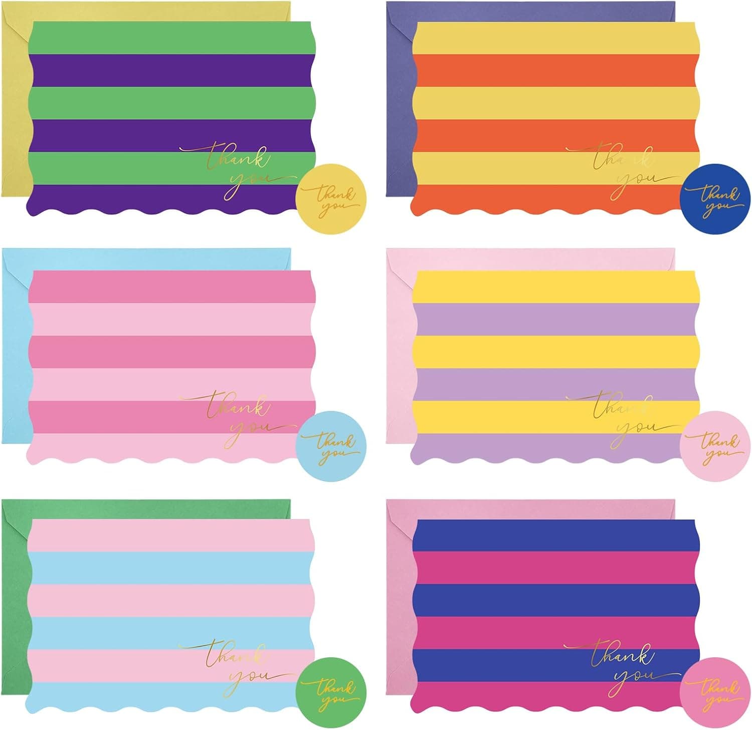 24 Pack Thank You Cards with Envelopes, 4x6 Inch Thank You Card Bulk | Includes Matching Stickers, Blank interior, 6 Designs, for Weddings, Birthdays, Baby Showers, Teacher Appreciation