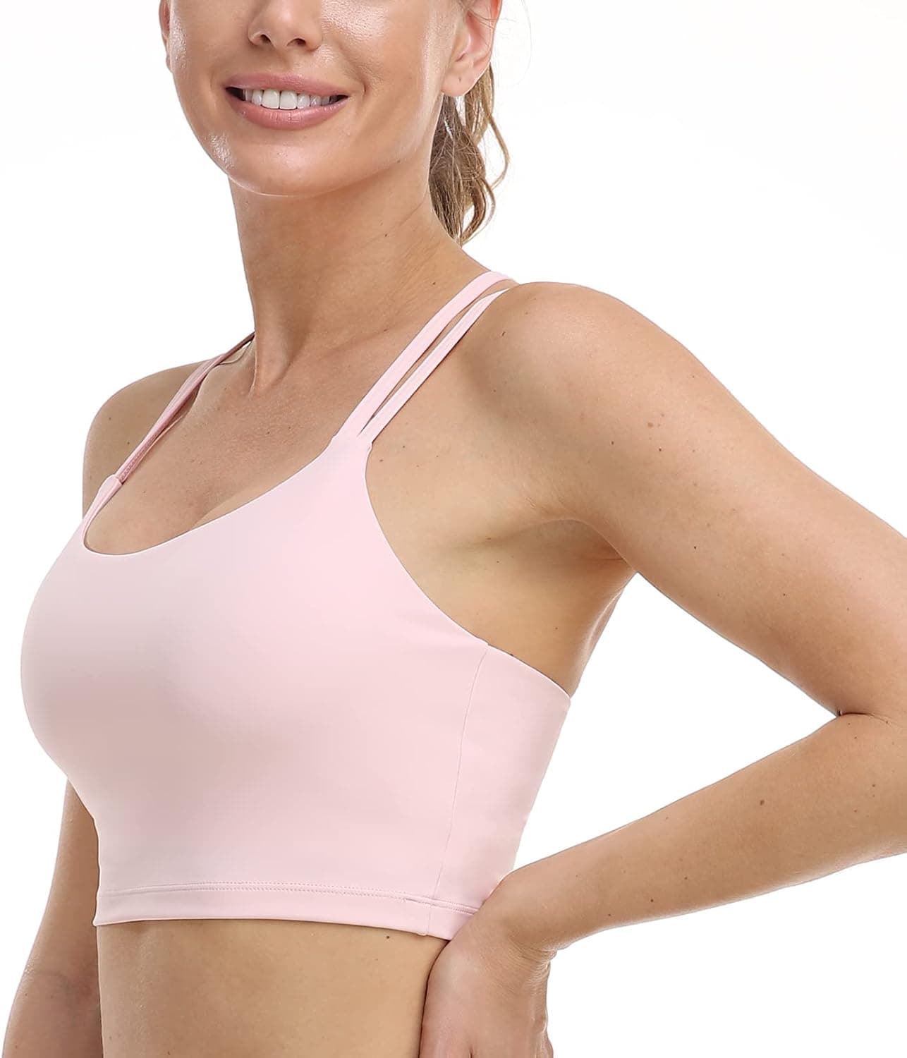 HSIA Strappy Sports Bra, Medium Support Padded Sports Bra Womens Criss Cross Back Yoga Workout Bra Crop Top Light Pink