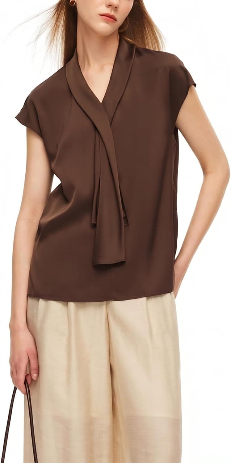 GOELIA Women's 22MM Mulberry Silk Tie Neck Blouse Summer Cap Sleeve Elegant Satin Silk Tops Business Casual Office Outfits
