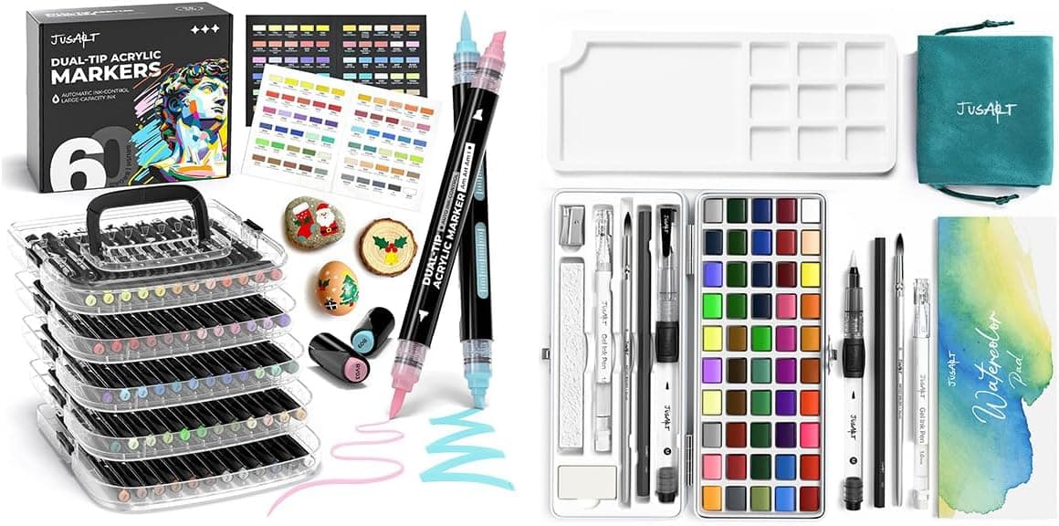 JusArt 36 Color Automatic Ink Control Acrylic Paint Markers & 50 Colors Watercolor Paint Set