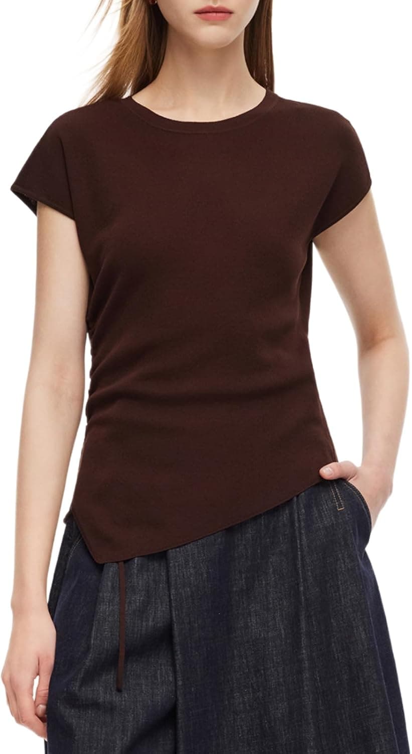GOELIA Women Summer Short Sleeve Sweater Vest Lyocell Blend Crew Neck Tops Djustable Side Drawstring Knit Cute Pullover