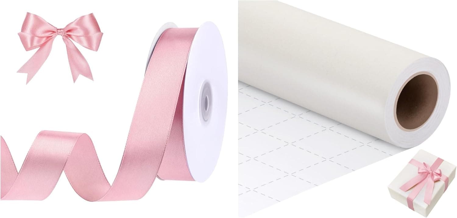 woric 1 Inch 50 Yards Pink Ribbon with Off White Matte Wrapping Paper Roll for Mothers Day Crafts Baby Shower Basket Decorations Gift Wrapping Wedding Decorations