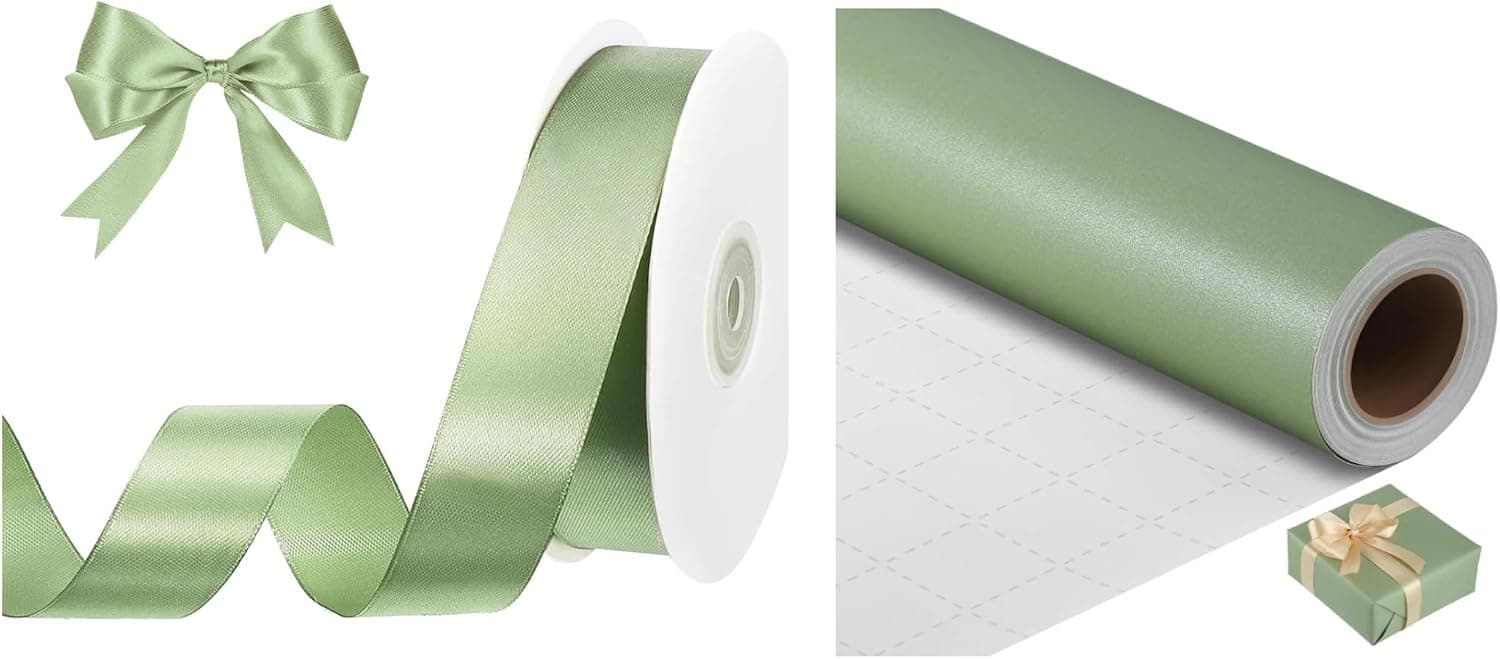 woric 1 Inch 50 Yards Green Ribbon with Sage Green Wrapping Paper Roll for Wedding Mothers Day Crafts Gift Wrapping Baby Shower Decorations