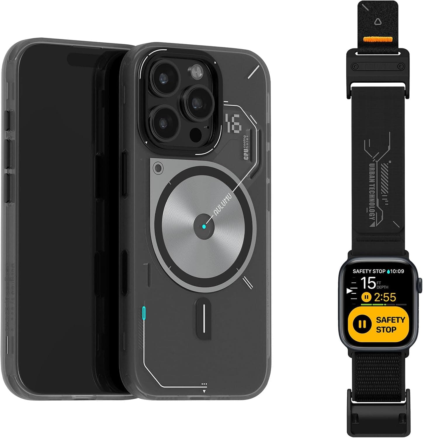 Aulumu A16 Thermal [Touch Translucent Gray] for iPhone 16 Pro + A11 Velvet Nylon Braid for Apple Watch [Cool Black] | Smart Wearable Kit