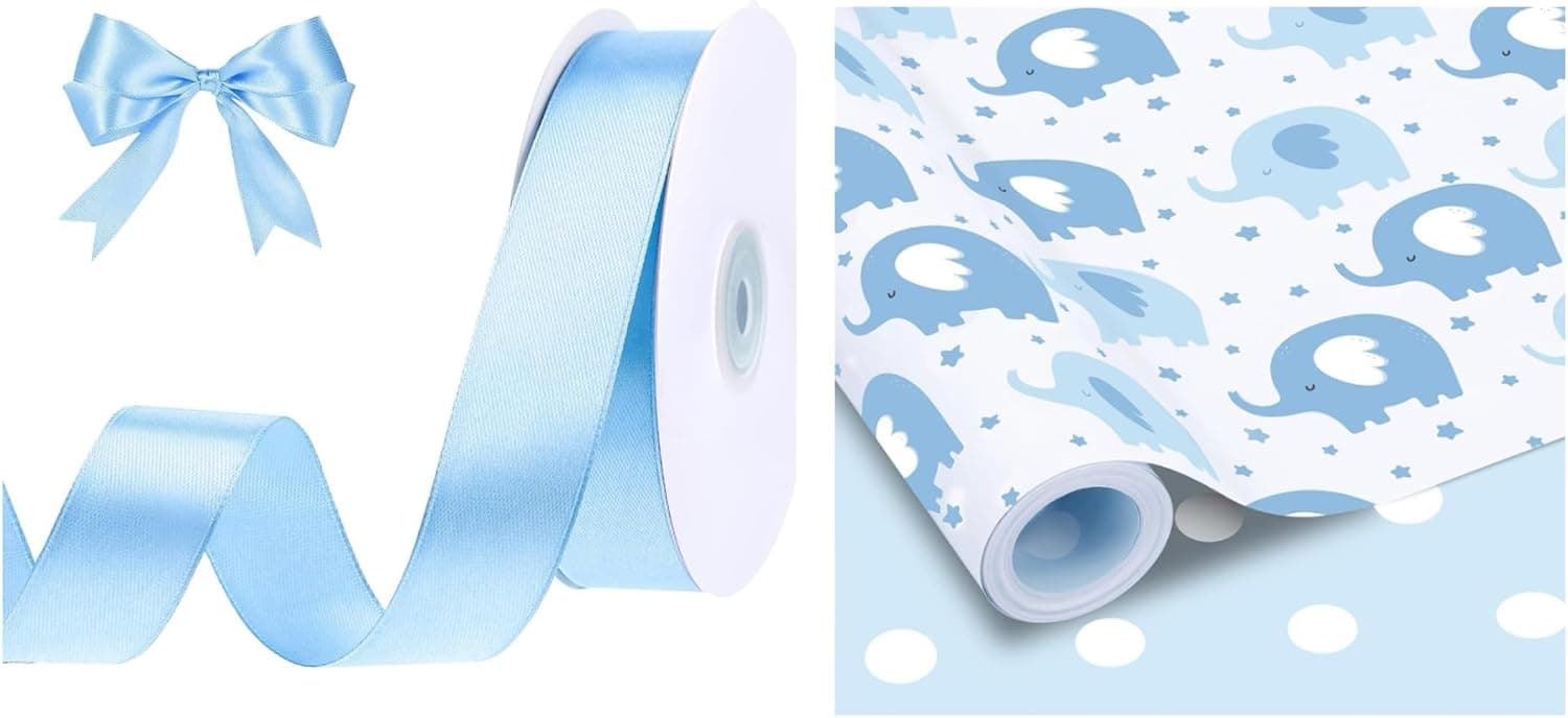 woric 1 Inch 50 Yards Light Blue Ribbon with Baby Shower Wrapping Paper Roll for New Baby, Boy's 1st Birthday, Celebration Decor