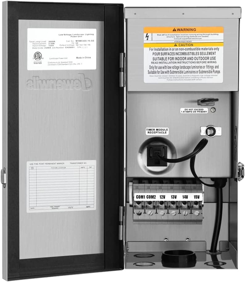 DEWENWILS 200W Multi-Tap Low Voltage Landscape Transformer, 120V AC to 12V/13V/14V/15V AC,Low Voltage Transformer for Landscape Lights, Outdoor Lights, Garden Lights, Stainlees Steel, ETL Listed
