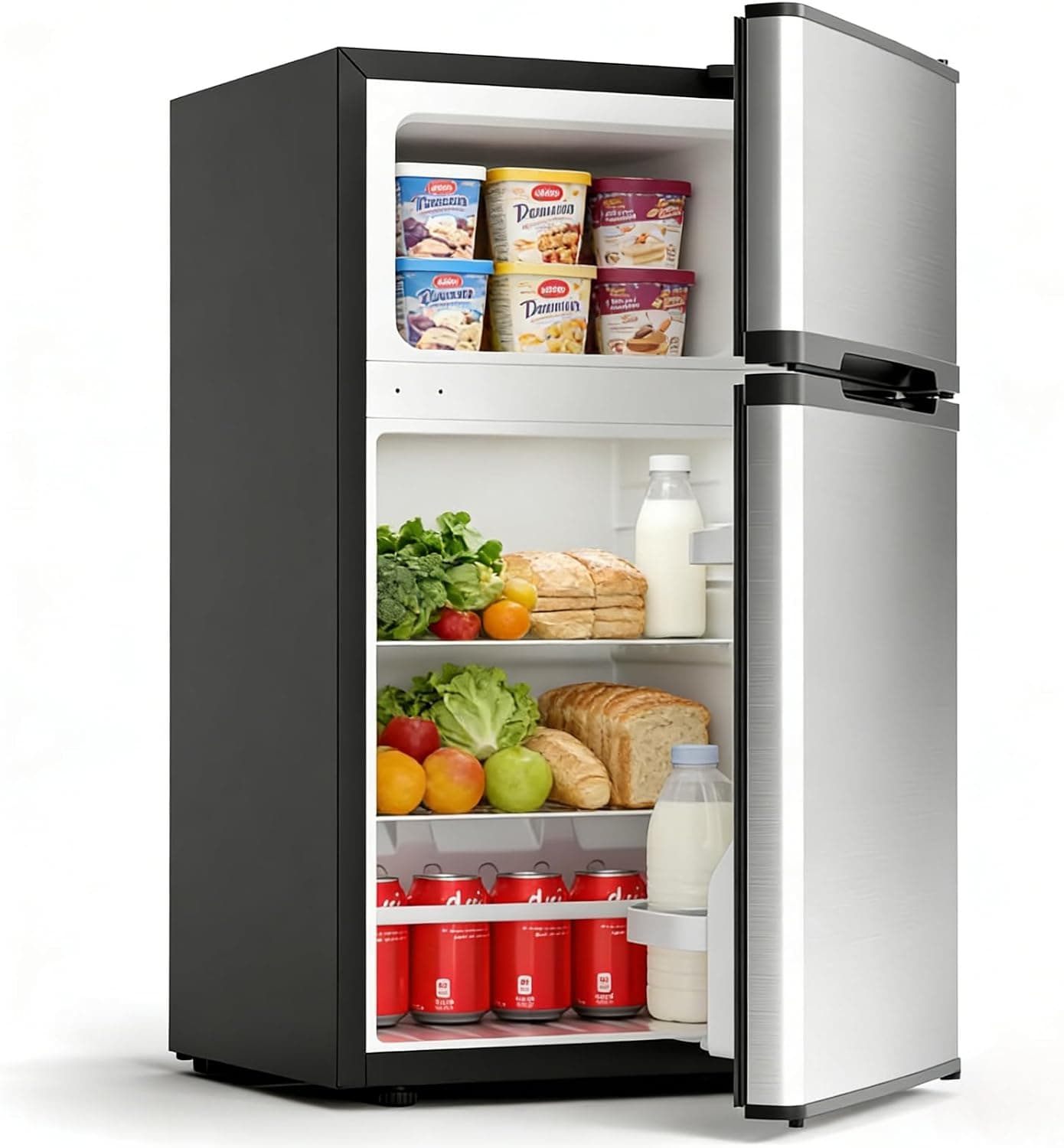 Kismile 2.5 Cu.Ft Mini Fridge with Freezer, Double Door Compact Refrigerator, 3-Level Mechanical Thermostat, Reversible Door&Removable Shelves, Low Noise, Ideal for Office, Apartment, Dorm, Silver